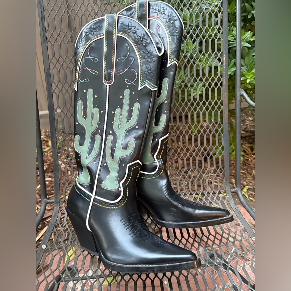 ZARA CONTRASTING KNEE HIGH CACTUS COWBOY BOOTS - Picture 6 of 13